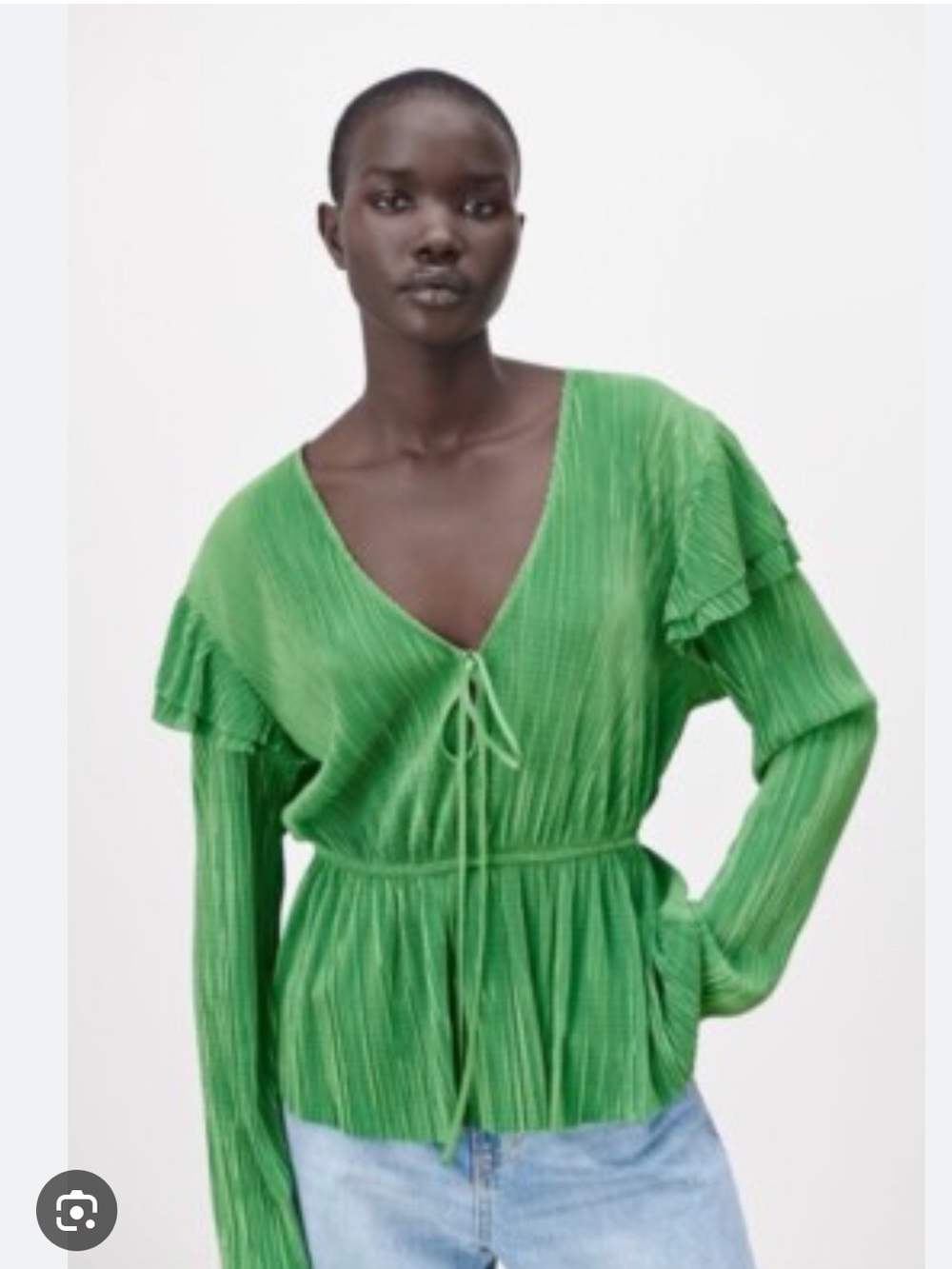 Zara Bright Green Pleated V-Neck Tie-Front Blouse